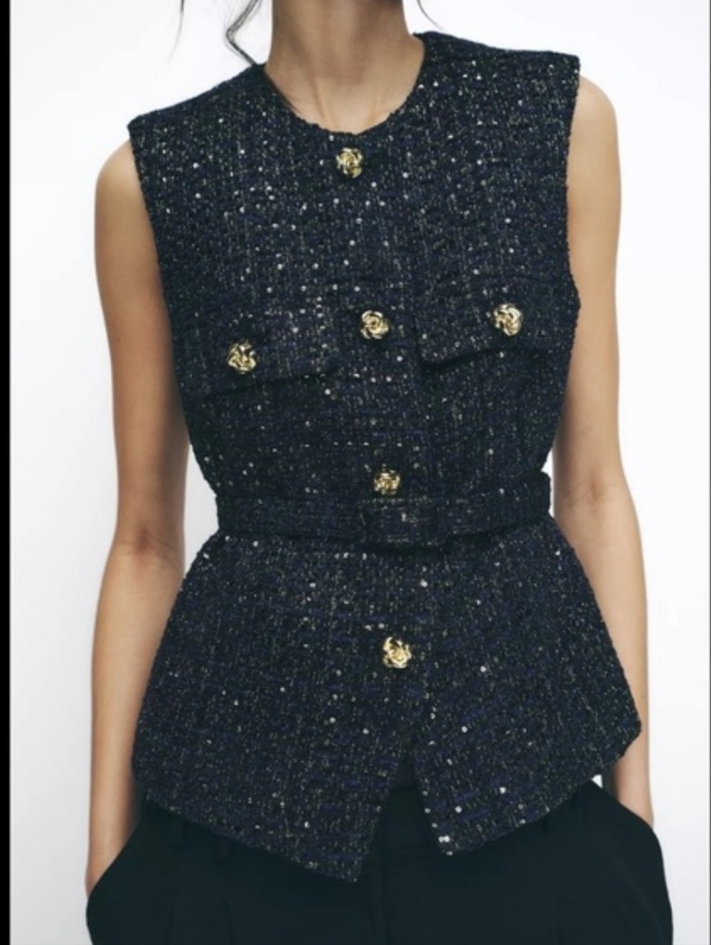Zara Belted Seqiin Structured Vest Navy   Size M